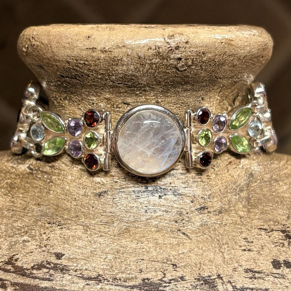 Sterling Silver Multi Gemstone Linked Bracelet Toggle Closure 7.25-8.5 Adjustabl